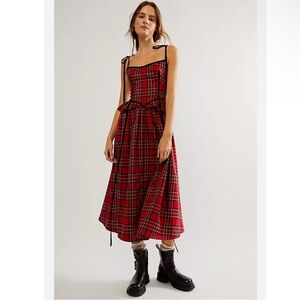 Eliza Faulkner x Free People Tessa Peplum Red Plaid Lace Up Back Midi Dress Med